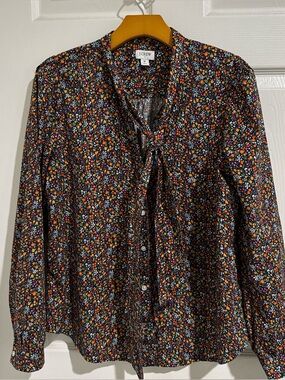 J. Crew Black Floral Tie-Neck Blouse with Orange and Pink Accents
